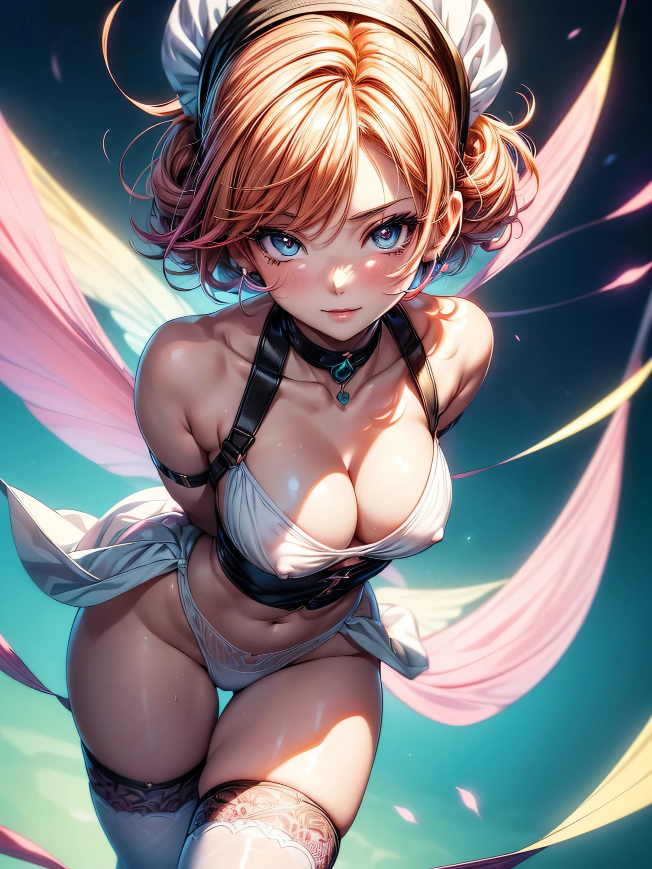 (masterpiece)(8k)(cute)(25-year old woman)(1girl:1.5)(solo:1.8)(snuggle)(from above)(wild hair:1.3)(short hair:1.3)(orange hair)(slim body:1.4)(small breasts:1.4)(perky nipples:1.3)(white bandana:1.2)(lime green pupils)(glossy skin)(glossy lips:1.3)(glossy eye-shadow:1.5)(shiny)(choker necklace)(translucent panties:1.5)(cameltoe:1.5)(sweaty:1.5)(knee high socks:1.3)(seductive:1.3)(smile:1.5)(mischievous:1.5)(white linen sheets)(semen:1.5)(steamy) rossdraws pastel vibrant, rossdraws cartoon vibrant, style anime 8k, beautiful portrait, artgerm colorful!!!, ! dream artgerm, beautiful anime girl, styled digital art, art wallpaper 8k, digital art, extremely detailed artgerm,