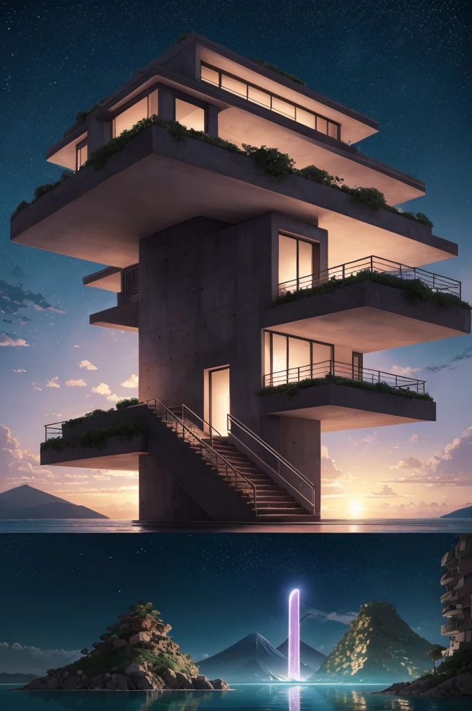 anime (best-quality:0.8), (best-quality:0.8), perfect anime illustration, we've been trying to reach you about your cars extended warranty, An illustration in collage style, with giant boulders, brutalist building sections, terraces, stairs, cacti, agave, concrete texture, multiple geometric shapes, hatch and cross hatching, planet saturn, volcano, moon, Luis Barragán's architectural style build, milky way galaxy, violet, one motorcycle, An illustration in collage style, with giant boulders, brutalist building sections, stairs, cacti, agave, concrete texture, multiple geometric shapes, hatch and cross hatching, planet saturn, volcano, moon, Luis Barragán's architectural style build, reflective pool, terraces. An elegant and modern build, in top of big boulders, with terraces, materials concrete, wood, steel and crystal, various gardens with tropical vegetation, cacti and rocks, stairs, a pool. In middle of sea, a big wave near, sunset, mountains and a volcano in the horizont, cute islands around, illustration format, cute color palette, detailed, masterpiece, award-winning work A 1999 Nissan GTR in Tron form r34 horizonte Lamborghini under a pink and purple sky, an anime drawing by Makoto Shinkai, trending on pixiv, magical realism, beautiful anime scene, cosmic skies. by makoto shinkai, ( ( makoto shinkai ) ), by makoto shinkai, anime background art, style of makoto shinkai