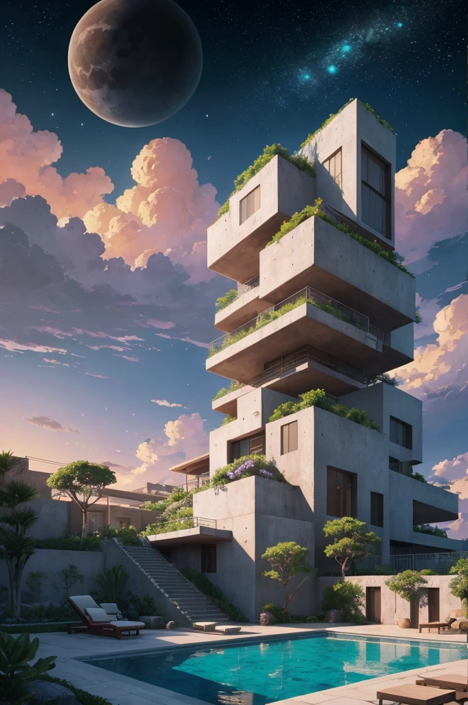 anime (best-quality:0.8), (best-quality:0.8), perfect anime illustration, we've been trying to reach you about your cars extended warranty, An illustration in collage style, with giant boulders, brutalist building sections, terraces, stairs, cacti, agave, concrete texture, multiple geometric shapes, hatch and cross hatching, planet saturn, volcano, moon, Luis Barragán's architectural style build, milky way galaxy, violet, one motorcycle, An illustration in collage style, with giant boulders, brutalist building sections, stairs, cacti, agave, concrete texture, multiple geometric shapes, hatch and cross hatching, planet saturn, volcano, moon, Luis Barragán's architectural style build, reflective pool, terraces. An elegant and modern build, in top of big boulders, with terraces, materials concrete, wood, steel and crystal, various gardens with tropical vegetation, cacti and rocks, stairs, a pool. In middle of sea, a big wave near, sunset, mountains and a volcano in the horizont, cute islands around, illustration format, cute color palette, detailed, masterpiece, award-winning work A 1999 Nissan GTR in Tron form r34 horizonte Lamborghini under a pink and purple sky, an anime drawing by Makoto Shinkai, trending on pixiv, magical realism, beautiful anime scene, cosmic skies. by makoto shinkai, ( ( makoto shinkai ) ), by makoto shinkai, anime background art, style of makoto shinkai