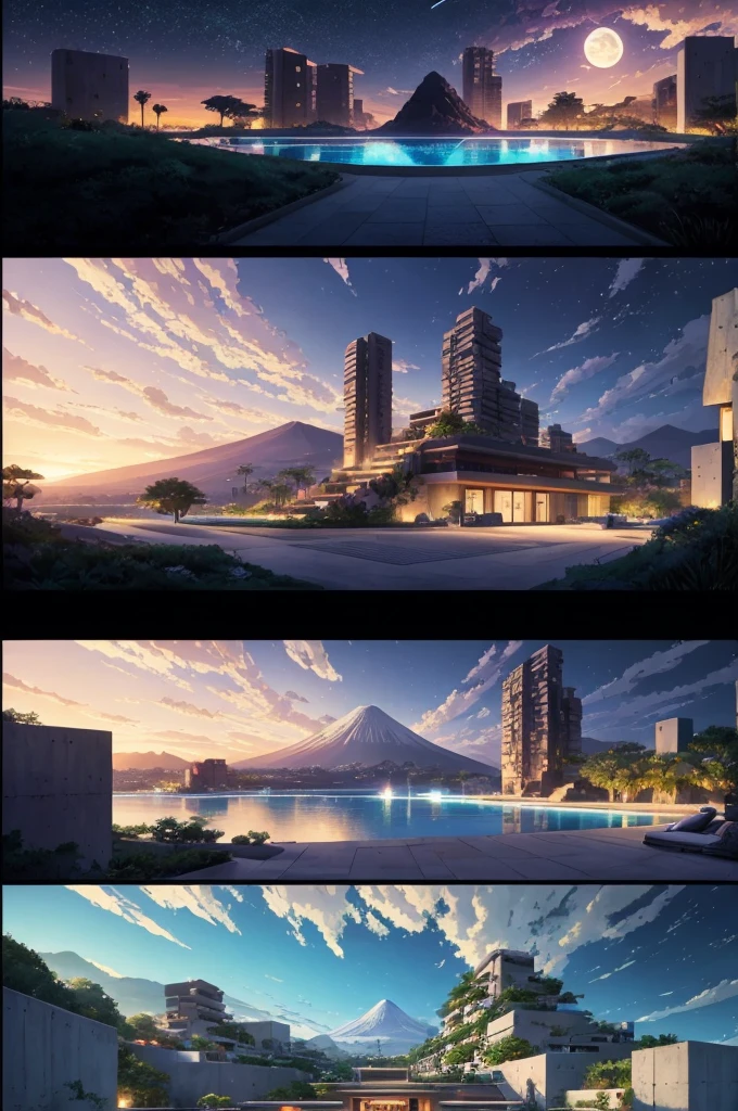anime (best-quality:0.8), (best-quality:0.8), perfect anime illustration, we've been trying to reach you about your cars extended warranty, An illustration in collage style, with giant boulders, brutalist building sections, terraces, stairs, cacti, agave, concrete texture, multiple geometric shapes, hatch and cross hatching, planet saturn, volcano, moon, Luis Barragán's architectural style build, milky way galaxy, violet, one motorcycle, An illustration in collage style, with giant boulders, brutalist building sections, stairs, cacti, agave, concrete texture, multiple geometric shapes, hatch and cross hatching, planet saturn, volcano, moon, Luis Barragán's architectural style build, reflective pool, terraces. An elegant and modern build, in top of big boulders, with terraces, materials concrete, wood, steel and crystal, various gardens with tropical vegetation, cacti and rocks, stairs, a pool. In middle of sea, a big wave near, sunset, mountains and a volcano in the horizont, cute islands around, illustration format, cute color palette, detailed, masterpiece, award-winning work A 1999 Nissan GTR in Tron form r34 horizonte Lamborghini under a pink and purple sky, an anime drawing by Makoto Shinkai, trending on pixiv, magical realism, beautiful anime scene, cosmic skies. by makoto shinkai, ( ( makoto shinkai ) ), by makoto shinkai, anime background art, style of makoto shinkai