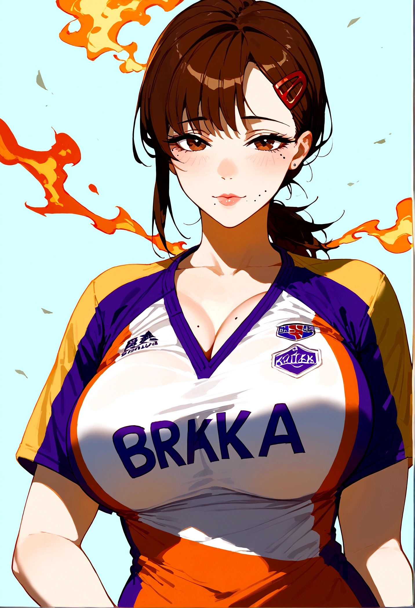 score_9, score_8_up, score_7_up, score_6_up,score_5_up,score_4_up, BREAK ,big breasts, 1girl, solo, kobenidef, mole under eye, mole under mouth, single sidelock, short ponytail, hairclip, brown hair, brown eyes, wearing nba jersey, lakers jersey, yellow and purple lakers jersey, Los Angeles lakers jersey 