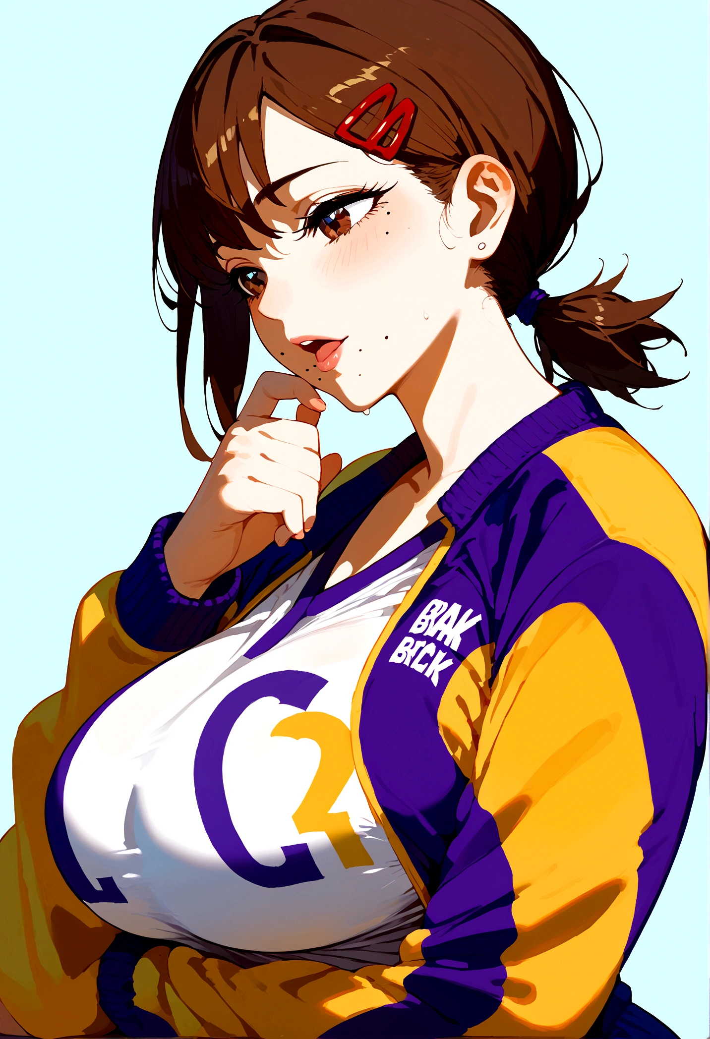 score_9, score_8_up, score_7_up, score_6_up,score_5_up,score_4_up, BREAK ,big breasts, 1girl, solo, kobenidef, mole under eye, mole under mouth, single sidelock, short ponytail, hairclip, brown hair, brown eyes, wearing nba jersey, lakers jersey, yellow and purple lakers jersey, Los Angeles lakers jersey 