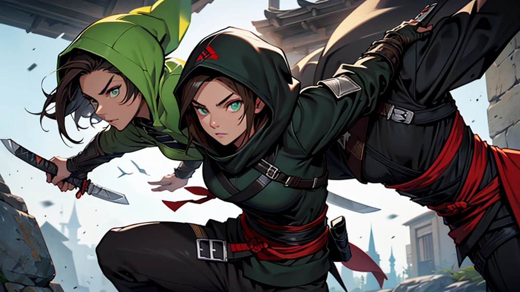 1 female, medium length brown hair with widows peak, green eyes, wearing all black, assassins creed shinobi with hood up, tanto