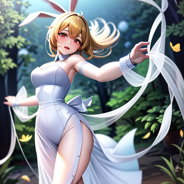 ​masterpiece: Teen Alice, in the middle of the forest wearing a long white dress, Delicate and graceful, dancing, swirling around, in the moonlight, lovely gaze, with bunny ears, best qualityer, 8K, anime styling
