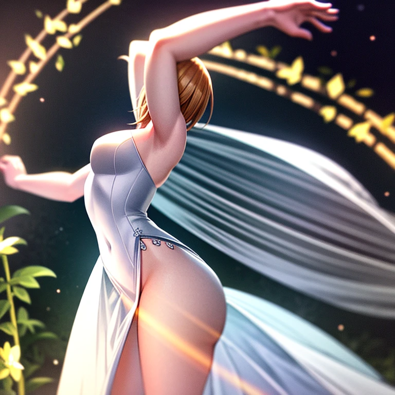 masterpiece: Alice, in the middle of the forest wearing a long white dress, Delicate and graceful, dancing, swirling around, in the moonlight, lovely gaze, with bunny ears, best qualityer, 8K, anime styling