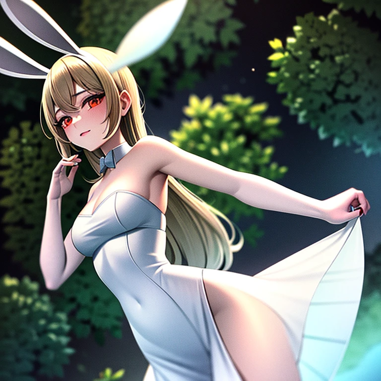 ​masterpiece: Teen Alice, in the middle of the forest wearing a long white dress, Delicate and graceful, dancing, swirling around, in the moonlight, lovely gaze, with bunny ears, best qualityer, 8K, anime styling
