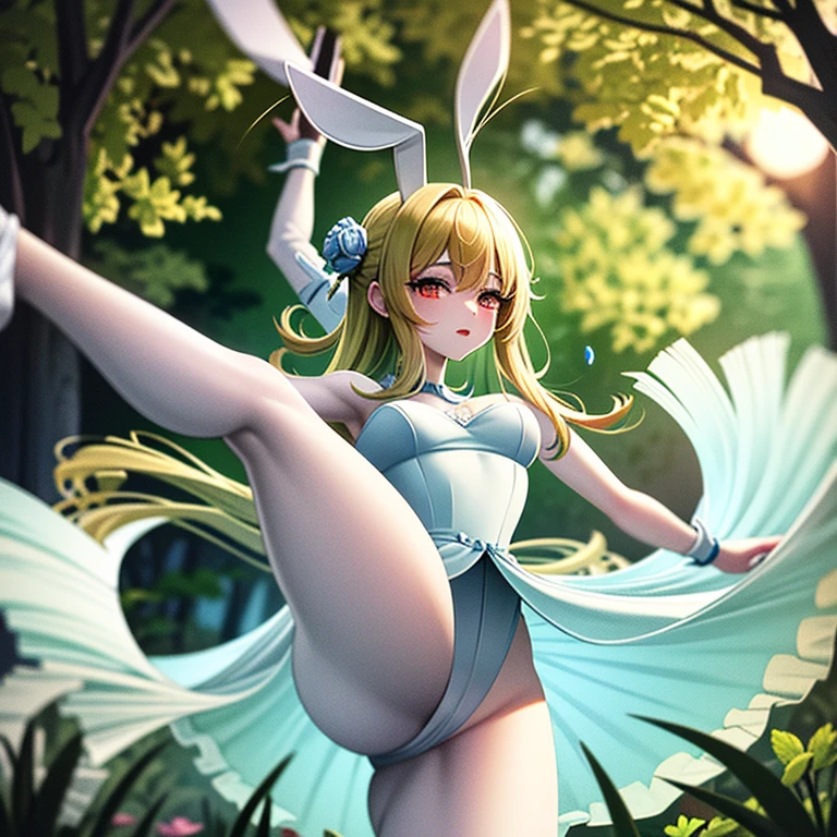 ​masterpiece:  Alice, in the middle of the forest wearing a long white dress, Delicate and graceful, dancing, swirling around, in the moonlight, lovely gaze, with bunny ears, best qualityer, 8K, anime styling
