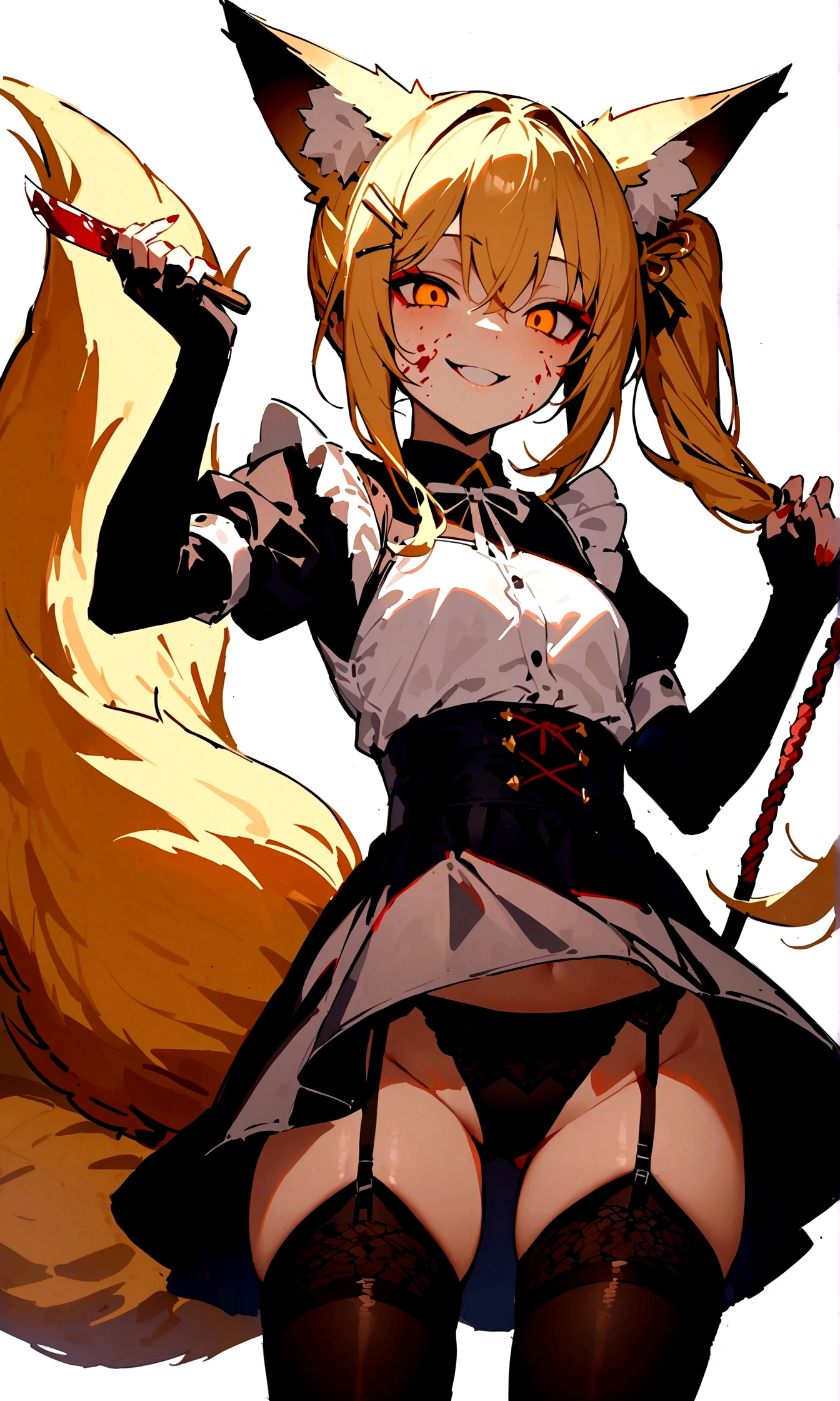 (masterpiece, best quality) junior,1girl,detailed, (beautiful,small breasts), blonde,long hair, side ponytail(tied to the left),Hairpin decoration with gold butterfly, elegant, (fox ears),nine tailed fox tail, red eyeshadow, golden eyes, femur,dark night sky,girl,yandere eyes,bloody face,피묻은 Maid복,Maid,white shirt,Black Skirt,Black stockings,Garter belt stockings,Bloody(blood on fullbody),bloody knife,ninja rope,holding weapon,evil smile