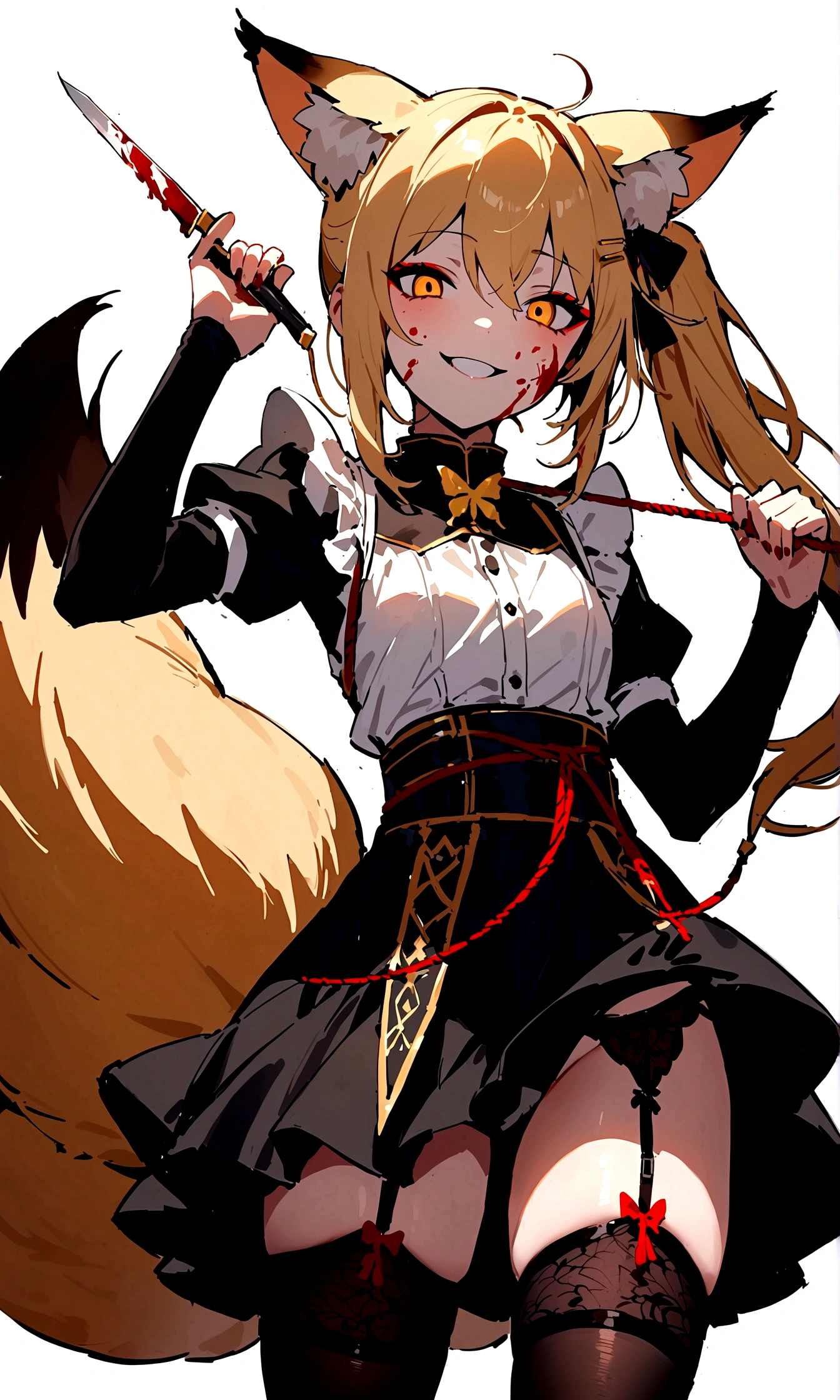 (masterpiece, best quality) junior,1girl,detailed, (beautiful,small breasts), blonde,long hair, side ponytail(tied to the left),Hairpin decoration with gold butterfly, elegant, (fox ears),nine tailed fox tail, red eyeshadow, golden eyes, femur,dark night sky,girl,yandere eyes,bloody face,피묻은 Maid복,Maid,white shirt,Black Skirt,Black stockings,Garter belt stockings,Bloody(blood on fullbody),bloody knife,ninja rope,holding weapon,evil smile