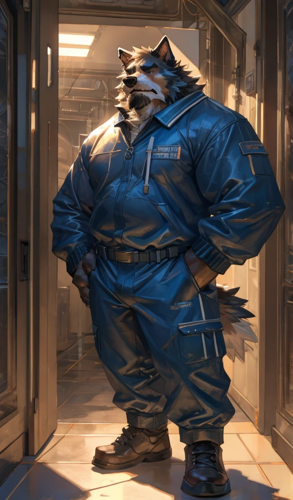 By Taran Fiddler, one man, anthro canine (Bearded Collie breed), adult male, elderly, slightly wrinkled face, bushy eyebrows, stern facial expression, grumpy, bushy mustache, mustache covering mouth, slightly short height, dilf, hands on his hips. standing in a hallway, wearing plain blue track suit, leaning against wall, oil rig, inside