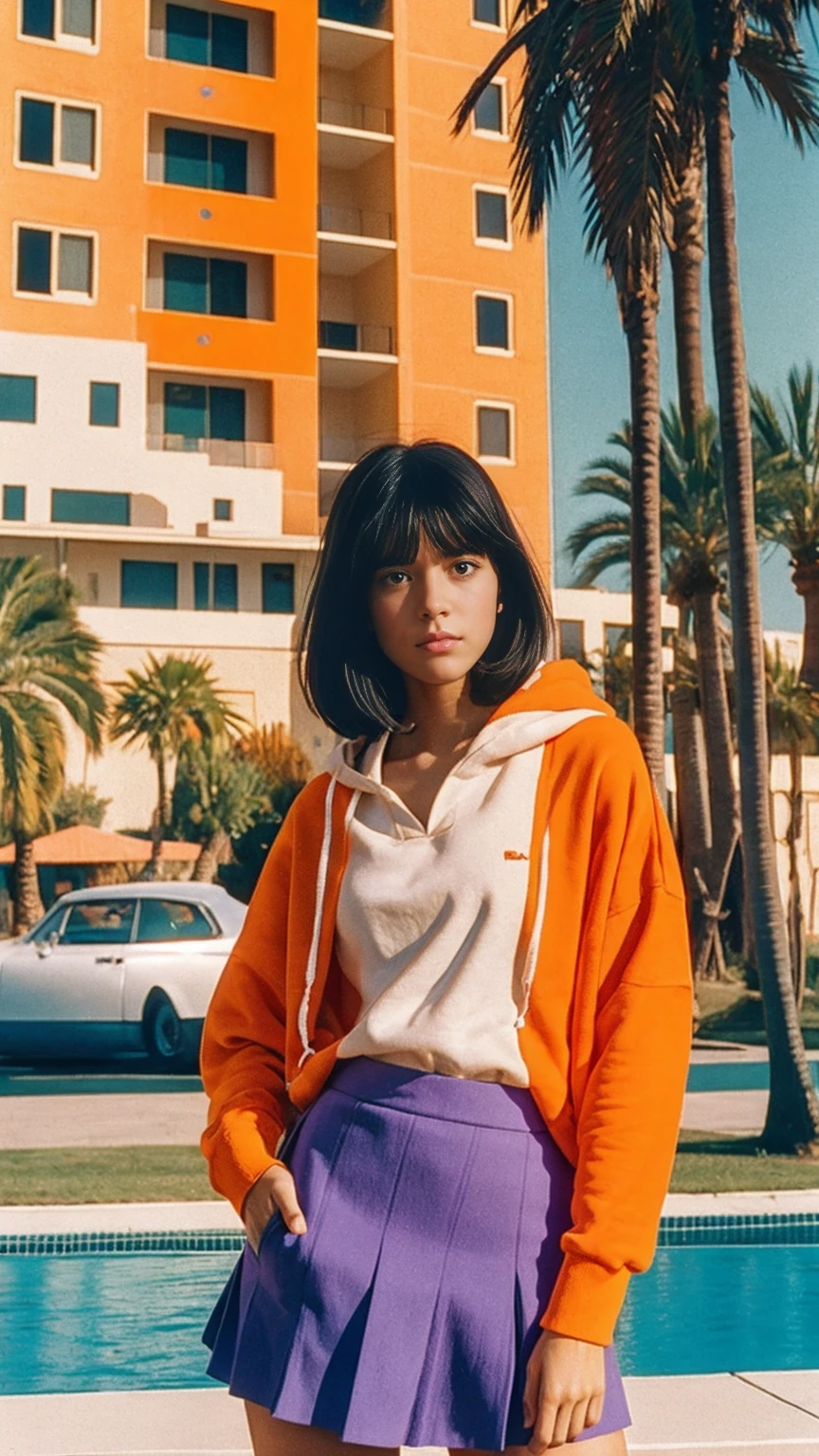 analog film photo cinematic photograph long shot portraits by Wes Anderson, cute 23 yo girl ,fokus, bokeh ,wear ((orange color oversized_hoodie)), wear ((purple tennis skirt)),looking front,Best Quality,Masterpiece,Ultra High Resolution,(Realisticity:1.4),Original Photo, 1Girl, light leak,ultra high resolution,UHD,beautiful, (black bob hair), almond eye, no makeup, in front of (80's mondrian architecture motel), (realistic:1.2), (surreal:1.3), (very detailed:1.1), ((masterpiece)),summer, blue sky, palm trees,sunny, los angles vibes,film camera, 800mm lens,style of Philip Lorca diCorcia