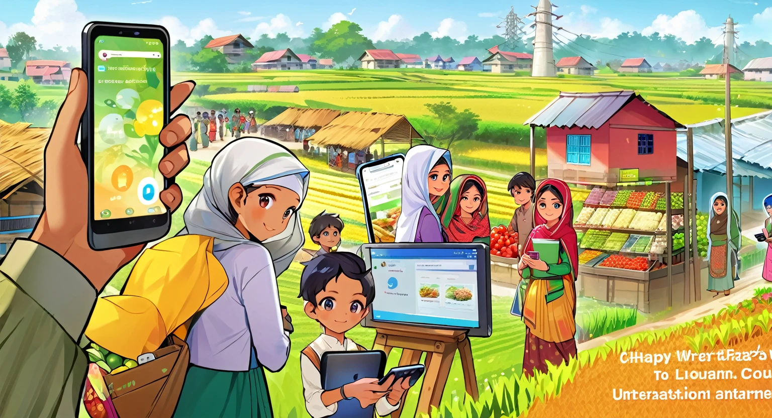 (Bangladesh)), poster image of a vibrant landscape of Bangladesh, where tradition and technology converge, a Smart Village emerges., Smart Village: Bridging Tradition and Technology Connected Community: Villagers embracing the internet and computers, enhancing their daily lives and work. Modern Farming: Farmers utilizing smartphones for better crop management and market access. Tech-Enabled Families: Happy families benefiting from improved communication and education through technology. Innovative Infrastructure: Mobile towers ensuring seamless connectivity,