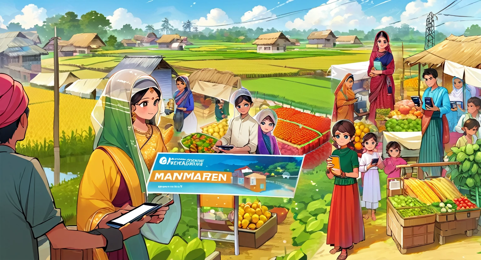 (Bangladesh)), poster image of a vibrant landscape of Bangladesh, where tradition and technology converge, a Smart Village emerges., Smart Village: Bridging Tradition and Technology Connected Community: Villagers embracing the internet and computers, enhancing their daily lives and work. Modern Farming: Farmers utilizing smartphones for better crop management and market access. Tech-Enabled Families: Happy families benefiting from improved communication and education through technology. Innovative Infrastructure: Mobile towers ensuring seamless connectivity,