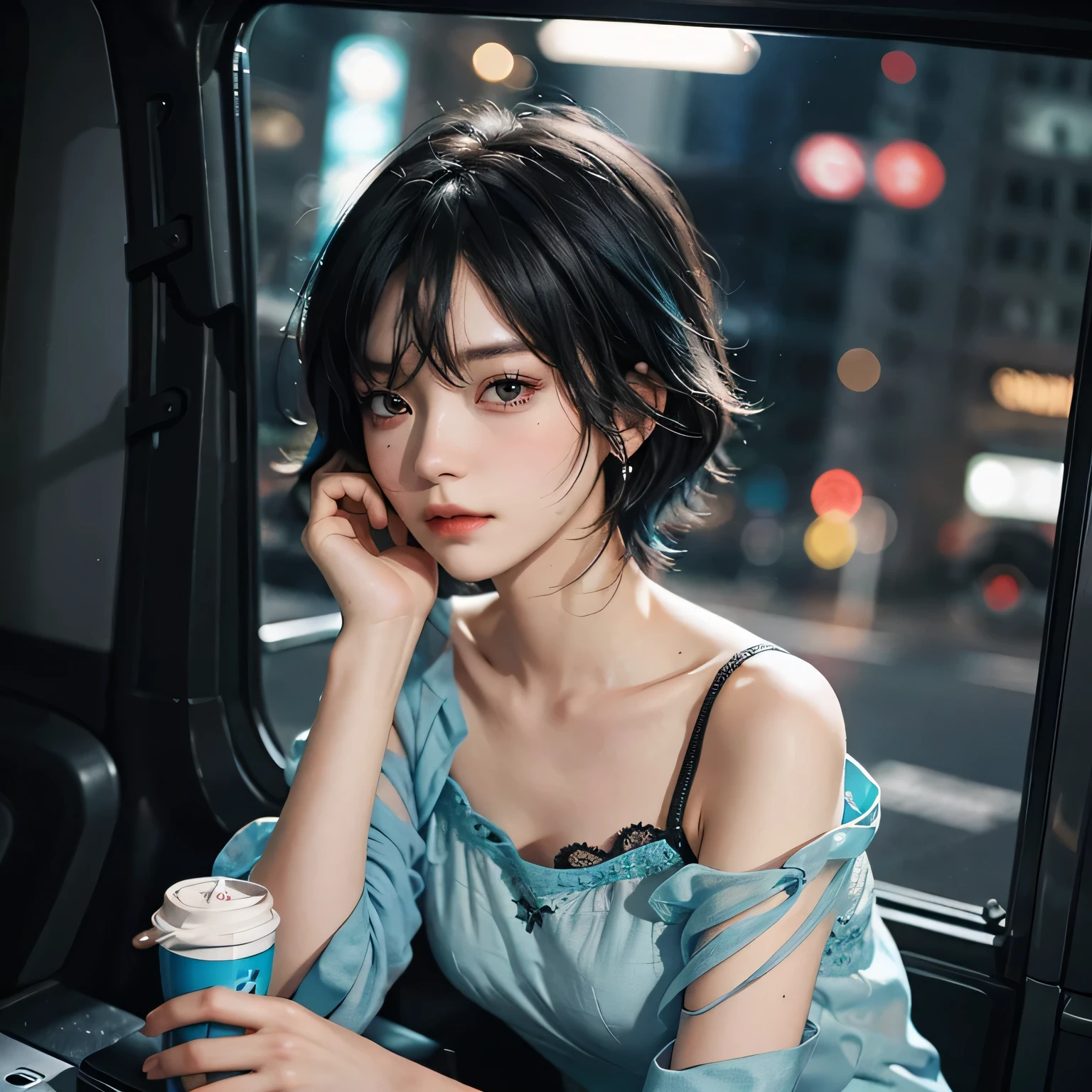 High quality, 16k, 8k, HD, best quality, black and cyan hair color, short hair, perfect face, beautiful, without makeup, restless face, looking out the window, nighttime, midnight, quiet, cyberpunk, nightgown, midnight, feeling uncomfortable, oppai, faceless 