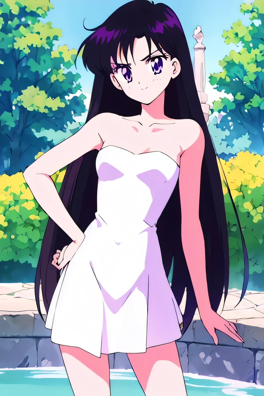 Rei Hino, 1 girl, solo, Best quality, masterpiece, High Definition, r, Purple Eyes, Beautiful Detail Eyes, Black Hair, Long Hair, Good hands at sides, Seductive Smile, Blushing, Bare Neck, Bare Shoulders, strapless white short ruffle off the shoulder dress. Standing up. Cowboy shot. A landscape of blue skies, a mountain, a mansion, an garden maze, a water fountain
