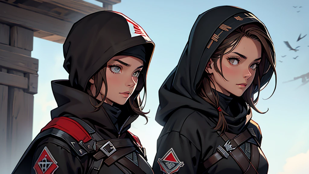 1 female, medium length brown hair with widows peak, hazel eyes, wearing all black, assins creed shinobi with hood up, tanto