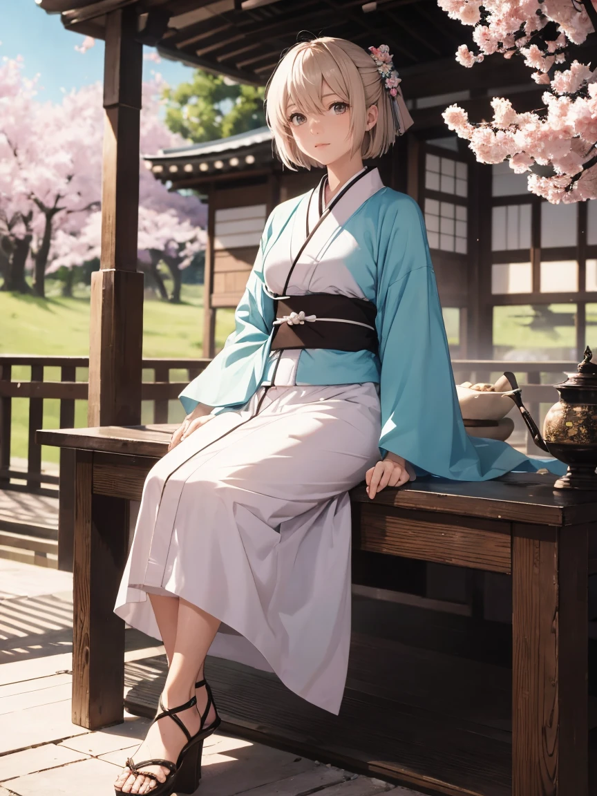 {Extremely detailed 8K wallpaper}, {Masterpiece}, {Best Quality},Alone,full body shot,Okita Souji,short hair, kimono,celestial haori. cherry tree