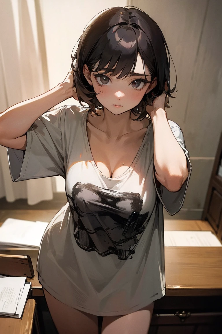 ((masterpiece)), ((best quality)), (Very detailed), Dark, Lovely , (contemptuous), (Exposing breasts), Messy short hair, Look away, White loose T-shirt, Printed shirt, (Loose clothing), vintage, ((Lean forward,)), 露出Lovely, Extended,Put your hands behind your head