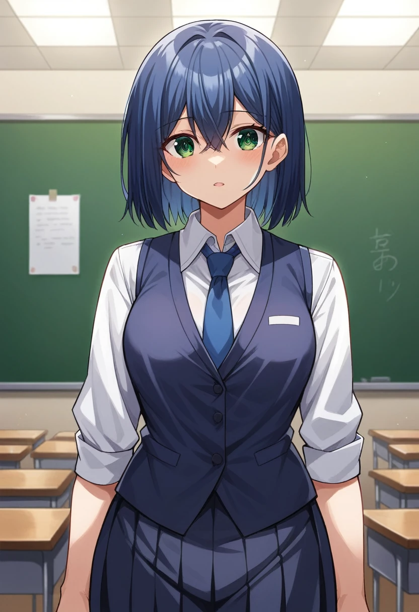 akanekurokawa, akane kurokawa, bangs, (green eyes:1.3), blue hair, medium hair, dark blue hair,
BREAK shirt, , white shirt, necktie, collared shirt, vest, blue necktie,
BREAK indoors, classroom,
BREAK looking at viewer, (cowboy shot:1.5),
BREAK (masterpiece:1.2), best quality, high resolution, unity 8k wallpaper, (illustration:0.8), (beautiful detailed eyes:1.6), extremely detailed face, perfect lighting, extremely detailed CG, (perfect hands, perfect anatomy),