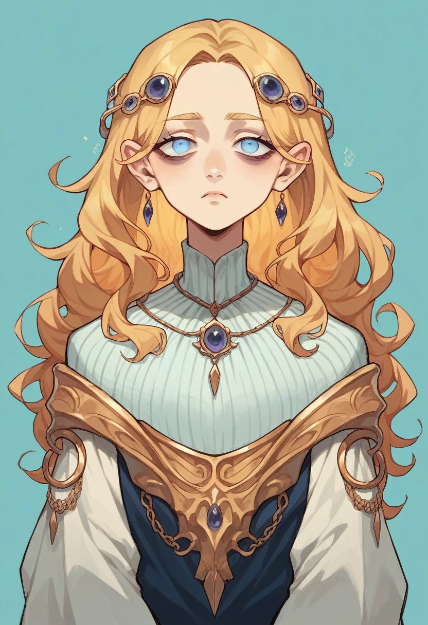  with slanted eyes, long dark and golden hair and a round face full of spots.  dressed in a long elven Lord of the Rings themed dress.   blue color with purple.  light blue background 