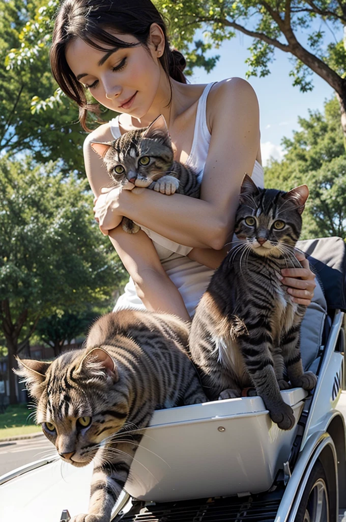 Mamma cat with their kittens, taking a ride at park, on a sunny afternoon.