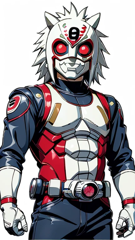 (8k),(masterpiece),(Japanese),(8-year-old boy),((innocent look)),((Childish)),From the front,smile,cute,Innocent,Kind eyes,Flat chest, Jiraiya,Kamen Rider,white helmet, white superhero mask,camisa,no Hair,night,dark, Neon light cyberpunk Konoha village