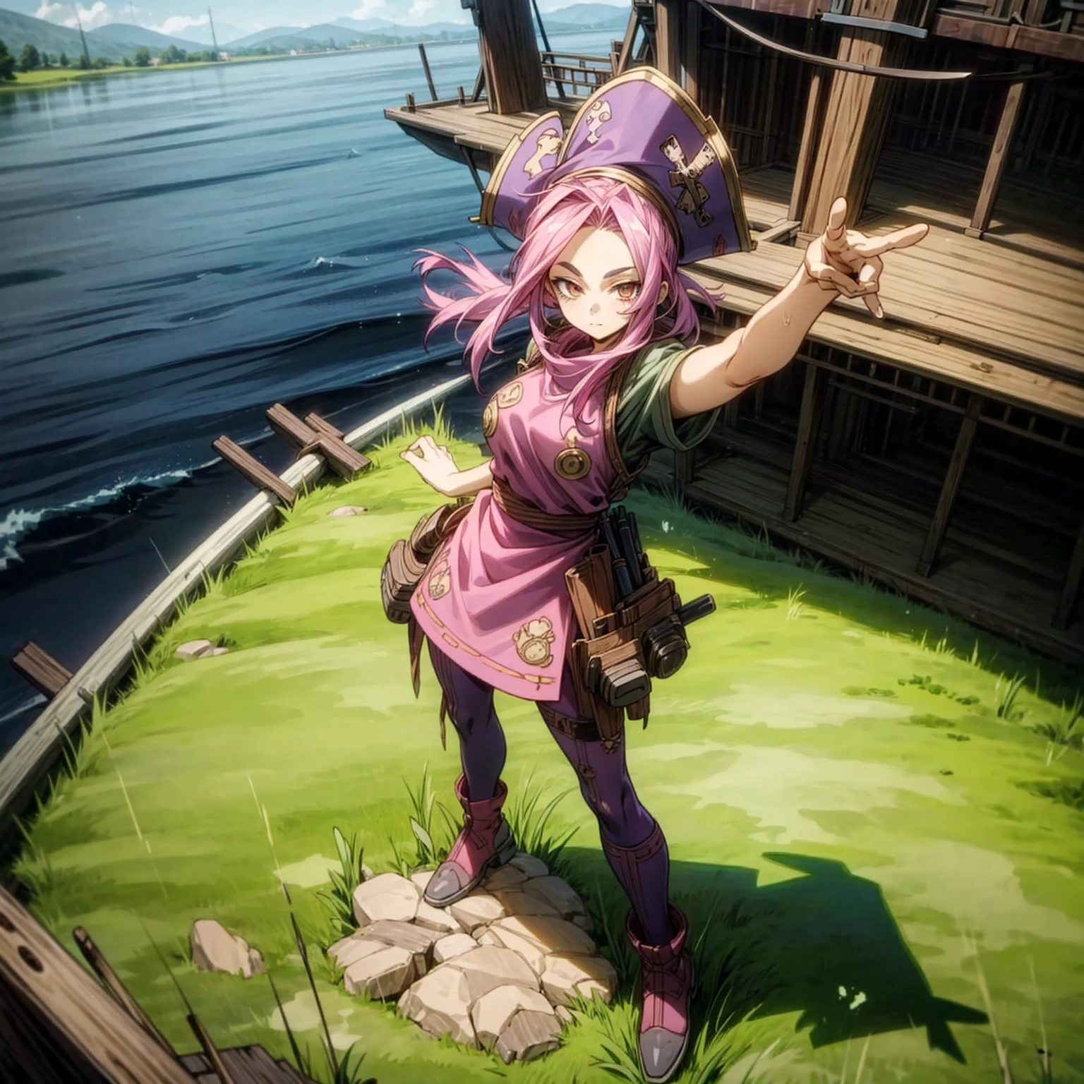 1girl, Full body version, 1character, adult girl version, gold eyes color, long haircut, pink colour hair, Farmer villager style clothing, blue colour clothing, pirate hat, knife in hand, Grassroots, background in big ship, motion blur, (Hunter x Hunter style), standing gesture, high angle view