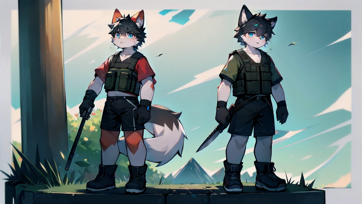 White Wolf,male,juvenile,Two people,black hair,Sky blue eyes,hairy,Hair,Wolf ears,Wolf Tail,Handsome,masterpiece,Soldier,,Black bulletproof vest,Brown tactical ammunition rack,arm,Red neck bib,Short sleeve,shorts,Half a leg exposed,paw,Red meat pads,Short knife in hand,Military daggeghting Stance,Full body portrait,Highest quality,8K,Simple background