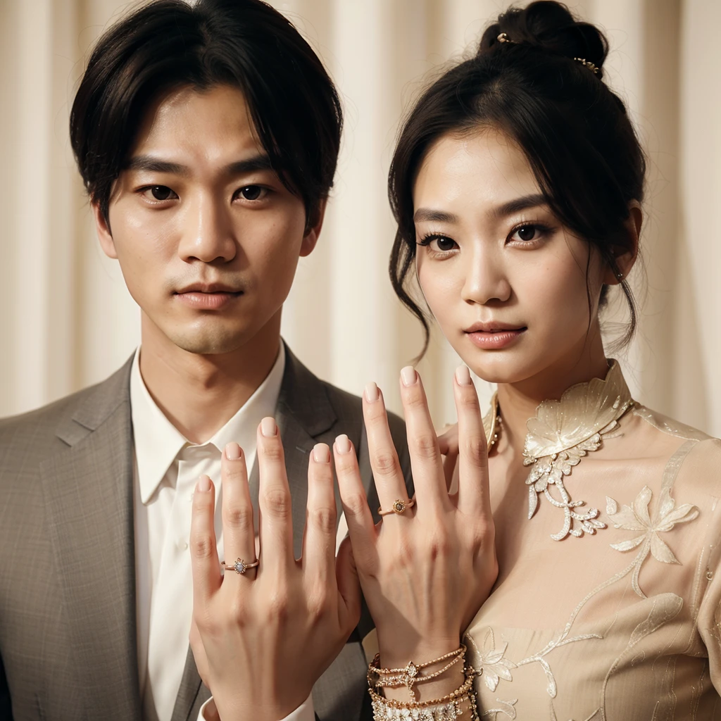 real potrait, full body, long shot, a Korean man with short hair wearing a suit, standing side by side with a woman with long hair in a bun, wear a long dress, face facing forward, they showed their fingers with their engagement rings, engagement event atmosphere, lots of festive accessories, a party room is the background