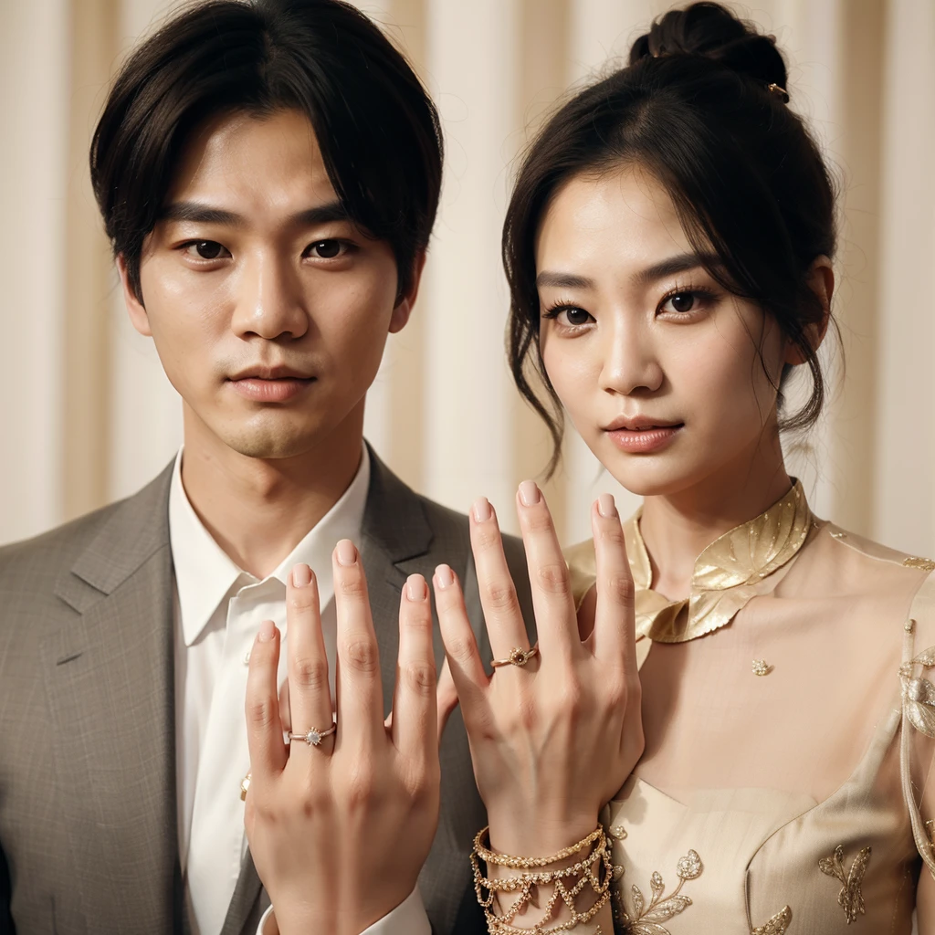 real potrait, full body, long shot, a Korean man with short hair wearing a suit, standing side by side with a woman with long hair in a bun, wear a long dress, face facing forward, they showed their fingers with their engagement rings, engagement event atmosphere, lots of festive accessories, a party room is the background