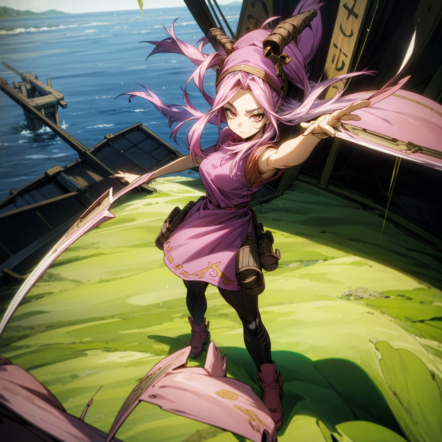 1girl, Full body version, 1character, adult girl version, gold eyes color, long haircut, pink colour hair, Farmer villager style clothing, blue colour clothing, pirate hat, knife in hand, Grassroots, background in big ship, motion blur, (Hunter x Hunter style), standing gesture, high angle view