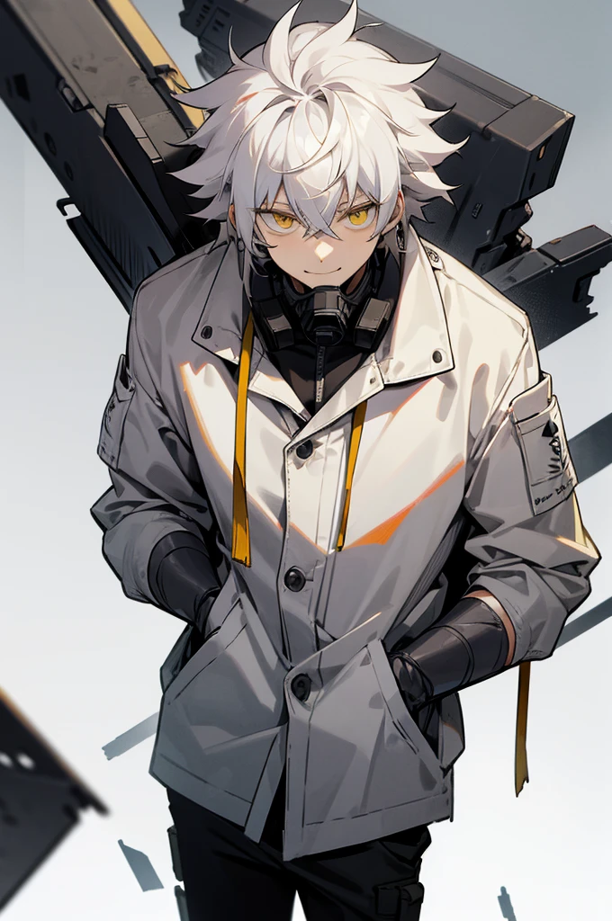 1male , Messy Hair , White Hair , Yellow Eyes , White Yukata , Grey Hair , Insane Smile Expression , Holding a Mask, arms in pockets