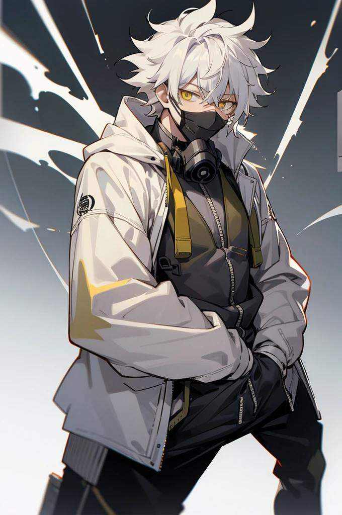 1male , Messy Hair , White Hair , Yellow Eyes , White Yukata , Grey Hair , Insane Smile Expression , Holding a Mask, arms in pockets