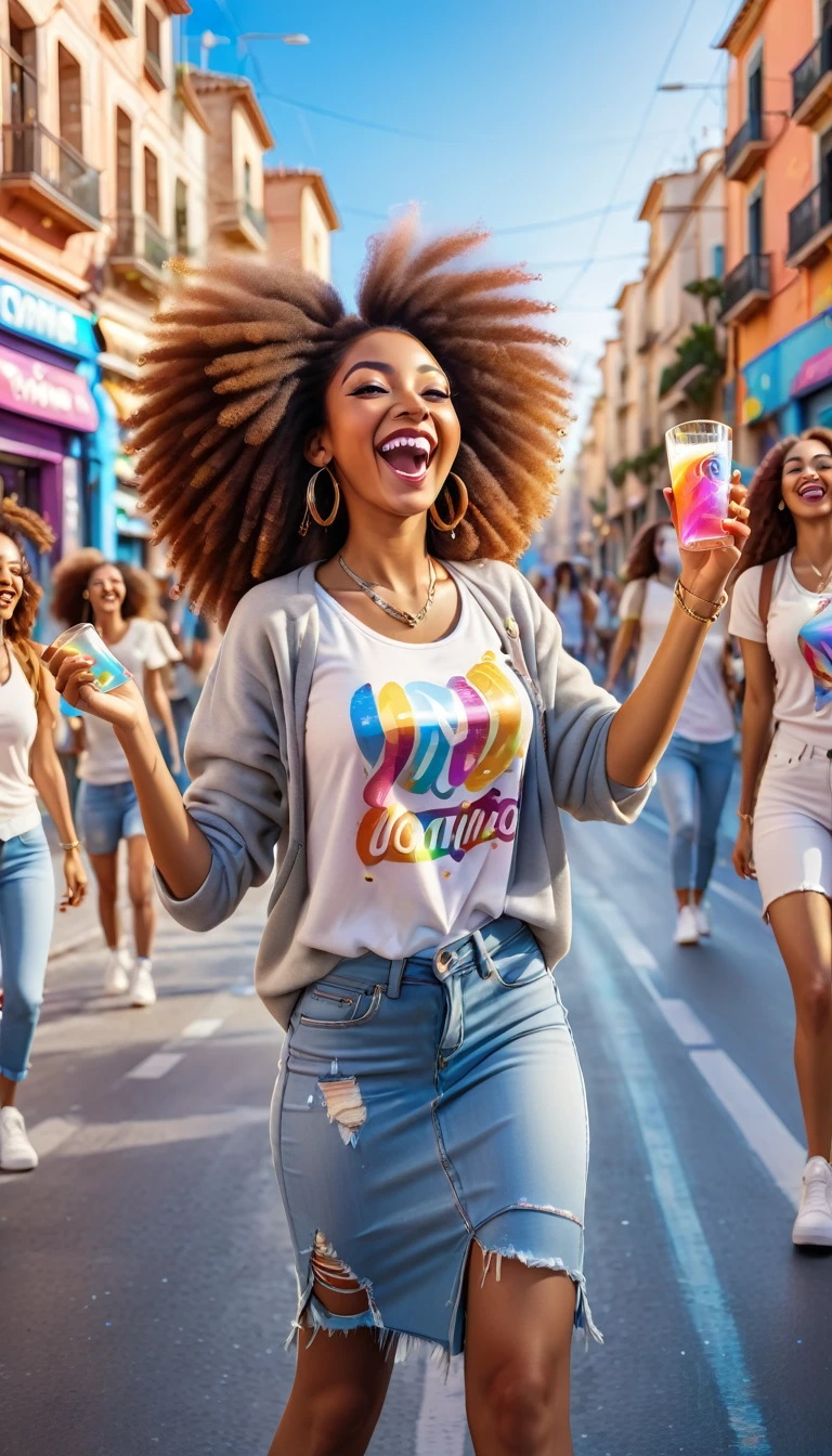 Adult women with STRAIGHT and LONG HAIR, AFRO, spain, dressed in urban clothes, In an urban landscape and holographic signs、DANCING HAPPY. HANDS RAISED on the road. are drinking and laughing, The background is modern, high tech vibe. Lovely Digital Painting, 3D rendering, Bright lighting, swirly vibrant colors. adult people, pessoas bonitas, long hair