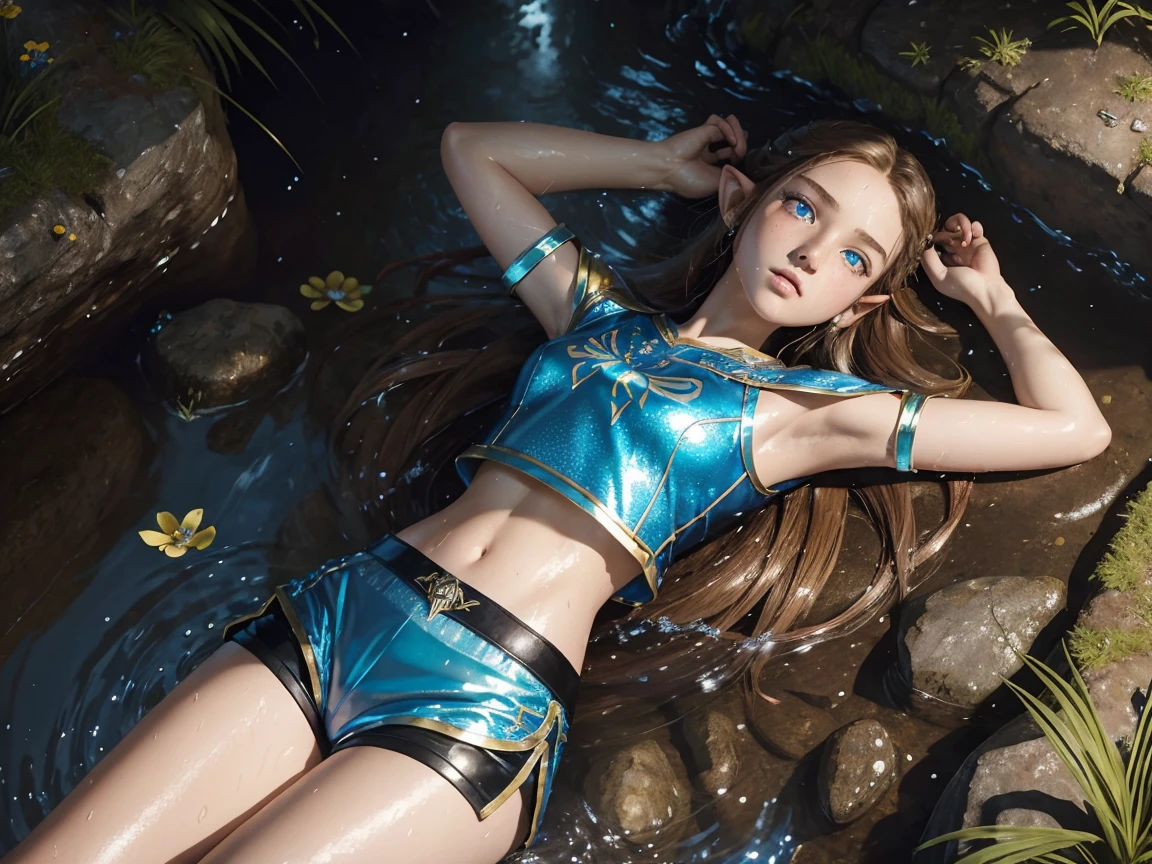 masterpiece.  4k. highly detailed epic fantasy oil painting of beautiful 12 years old Princess Zelda. sparkly blue eyes, freckles. detailed stylish suit,
  shiny reflective leather shorts for the summer.  crop top shirt. athletic. Hyrule motif. lying on creek. sweating. rain. river. wet.
from above, eagle eye shot, far shot. wildflowers.
