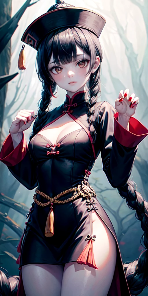 lora:flat:-1.2, masterpiece, best quality, 4k, 8k, 1 woman, solo, pale skin, tall stature, long hair, blunt bangs, side braid, black hair, ugly face, bad face, bad eyes, droopy eyes, unclear eyes, ruby red eyes, lemon yellow eyes, pale skin, black eyeliner, black eye shadow, heterochromia, slender frame, frightened, ofuda, jiangshi costume:1.2, sheath long skirt, China dress, fang, horror, coffin, forest, dark night, stormy weather, fog, from front, cowboy shot, look at viewer, paw pose,