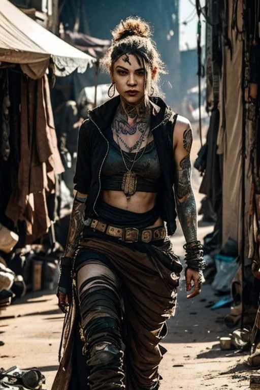 Cyberpunk, Scavenger, woman, dressed in rags, tattoos