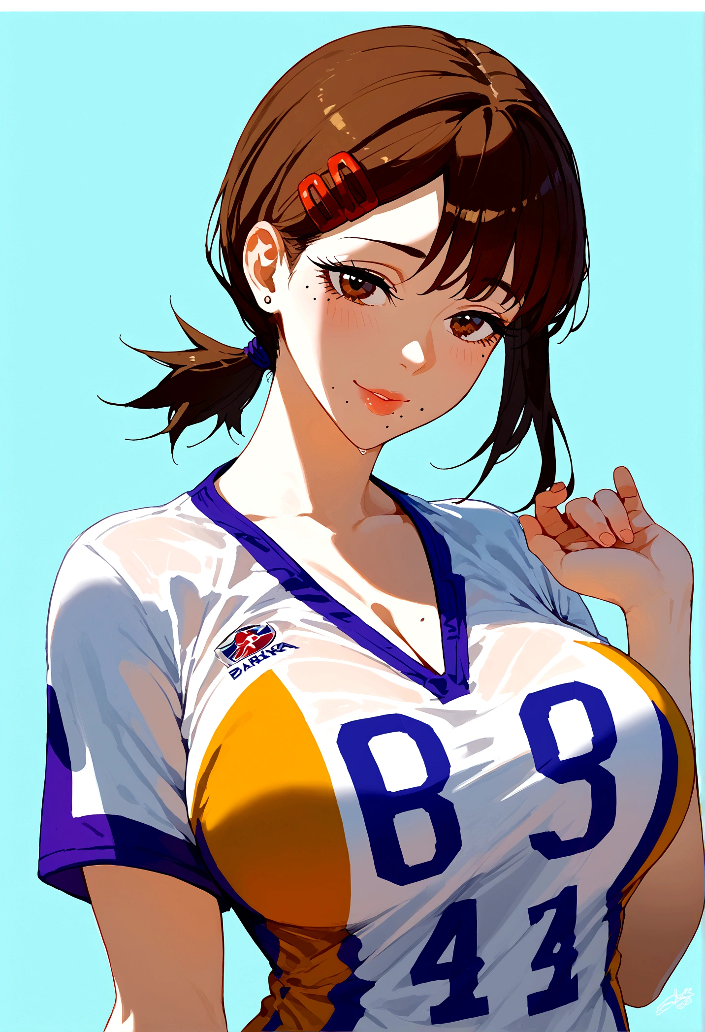 score_9, score_8_up, score_7_up, score_6_up,score_5_up,score_4_up, BREAK ,big breasts, 1girl, solo, kobenidef, mole under eye, mole under mouth, single sidelock, short ponytail, hairclip, brown hair, brown eyes, wearing nba jersey, lakers jersey, yellow and purple lakers jersey, Los Angeles lakers jersey 