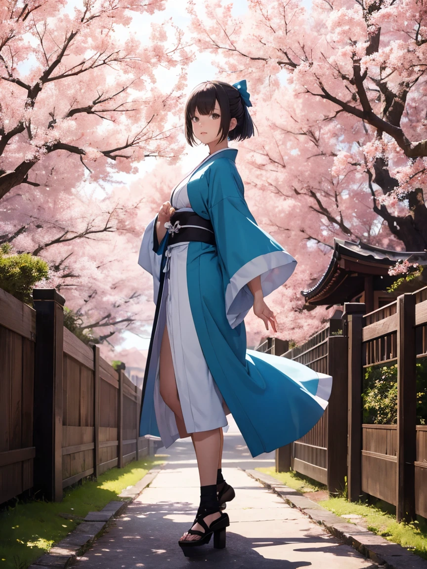 {Extremely detailed 8K wallpaper}, {Masterpiece}, {Best Quality},Alone,full body shot,Okita Souji,short hair, kimono,celestial haori. cherry tree