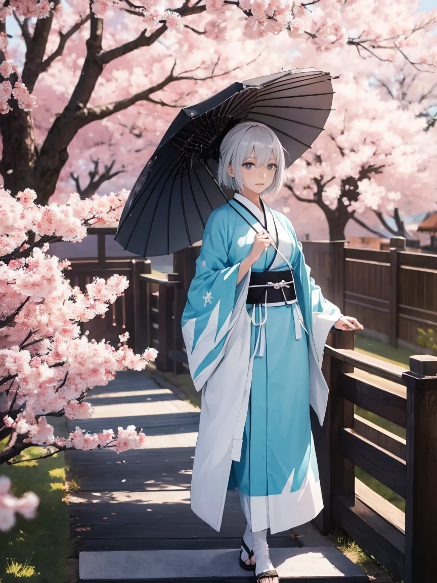 {Extremely detailed 8K wallpaper}, {Masterpiece}, {Best Quality},Alone,full body shot,Okita Souji,short hair, kimono,celestial haori. cherry tree