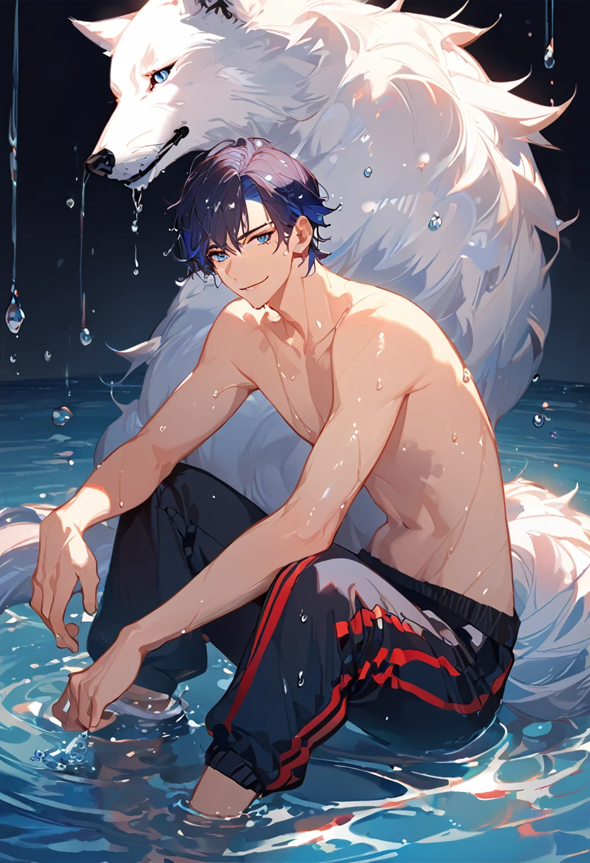 solo, ((male with short dark blue hair with red strip hair and dark blue hair with red gradient), (bare chest), (topless), (muscle), ( jogger pants), (wet), (dripping wet body and hair), (water dripping), (sitting), (one hand rest on the knee), (big white wolf resting on the back)), (bangs), (blue eyes with red gradient), (pale skin), (smirk), ((high quality)), (extremely detailed),8k, 4k, clean line art, detailed line art, resting on the big wolf, white big wolf, simple background, water background, dark background, not bulky, no top clothes, inspired by Asukaziye artist : ask, art style : ask