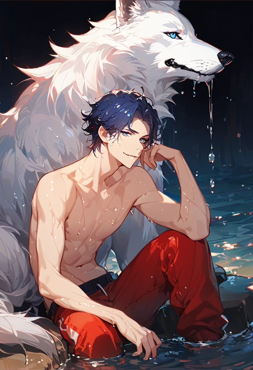 solo, ((male with short dark blue hair with red strip hair and dark blue hair with red gradient), (bare chest), (topless), (muscle), ( jogger pants), (wet), (dripping wet body and hair), (water dripping), (sitting), (one hand rest on the knee), (big white wolf resting on the back)), (bangs), (blue eyes with red gradient), (pale skin), (smirk), ((high quality)), (extremely detailed),8k, 4k, clean line art, detailed line art, resting on the big wolf, white big wolf, simple background, water background, dark background, not bulky, no top clothes, inspired by Asukaziye artist : ask, art style : ask