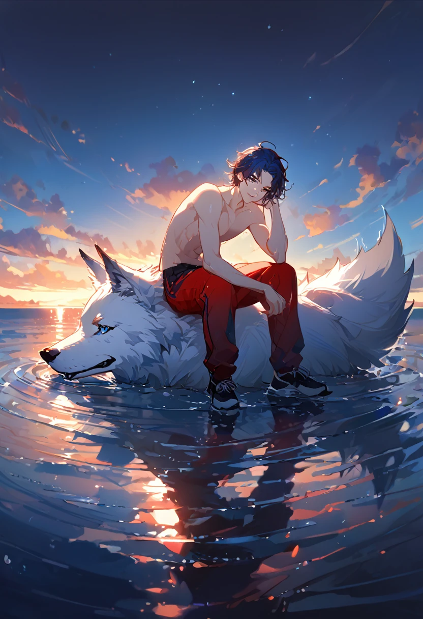 solo, ((male with short dark blue hair with red strip hair and dark blue hair with red gradient), (bare chest), (topless), (muscle), ( jogger pants), (wet), (dripping wet body and hair), (water dripping), (sitting), (one hand rest on the knee), (big white wolf resting on the back)), (bangs), (blue eyes with red gradient), (pale skin), (smirk), ((high quality)), (extremely detailed),8k, 4k, clean line art, detailed line art, resting on the big wolf, white big wolf, simple background, water background, dark background, not bulky, no top clothes, inspired by Asukaziye artist : ask, art style : ask