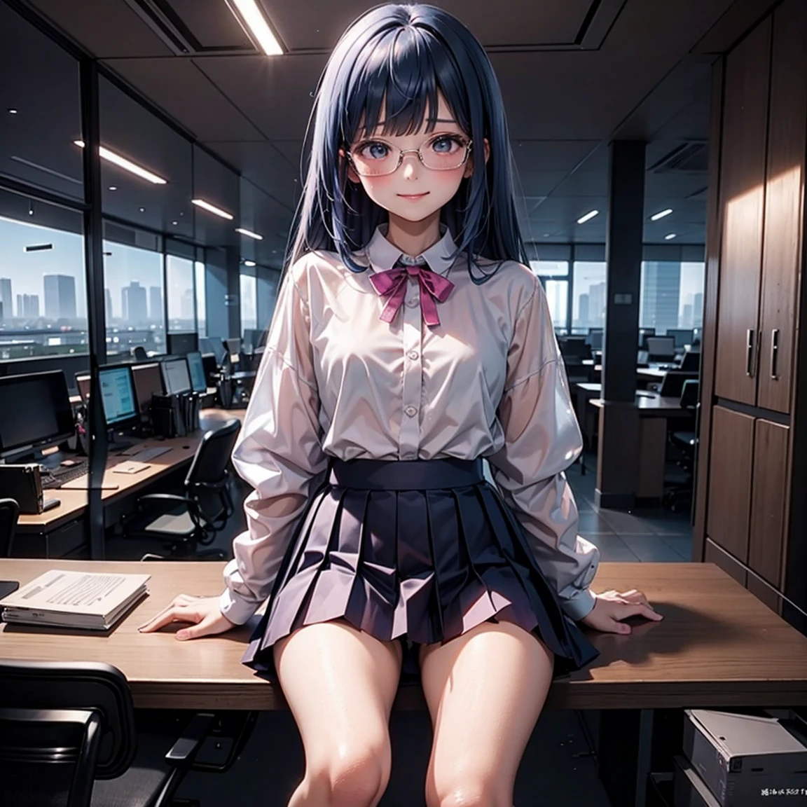 One woman（10 years old）、smile、Long, blue hair、Thin glasses、White clothes、See-through shirt、ribbon、Short pleated skirt、Pink underwear、loose socks、Inside a skyscraper office at night、Spread your legs、Thin and lean legs