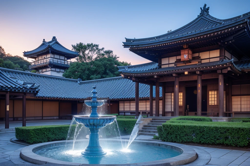 blue sky, blue lighting, japanese building, fountain, HDR, 4k resolution