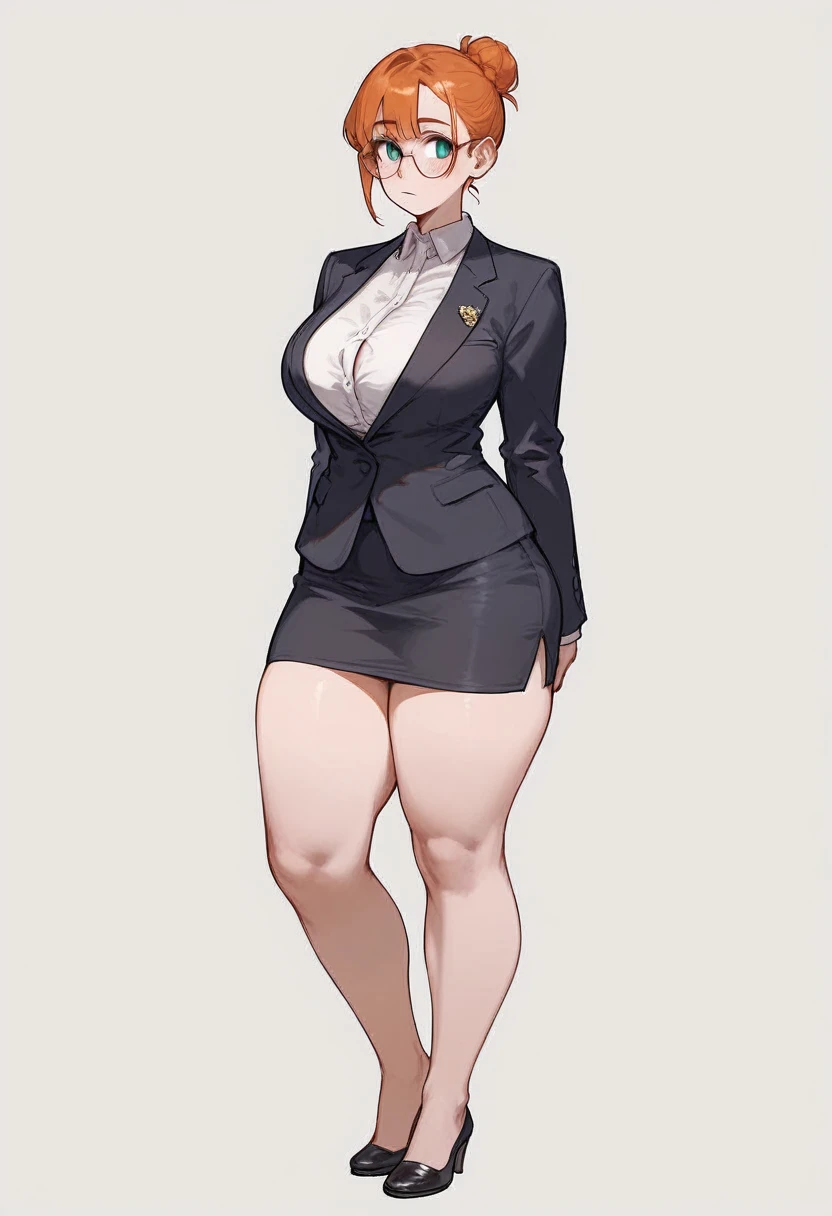 female teacher, pale porcelain skin, short ginger hair in sleek bun, glasses, wearing a black blazer over a white blouse, busty, wearing a tight black pencil skirt, has very wide hips, very thick thighs, large thighs, thick legs, wearing small black slip on flats on her feet, standing, entire body showing including legs and feet, short legs, feet shown, strict facial expression, thick thighs pressed together, round face, round chin, voluptuous