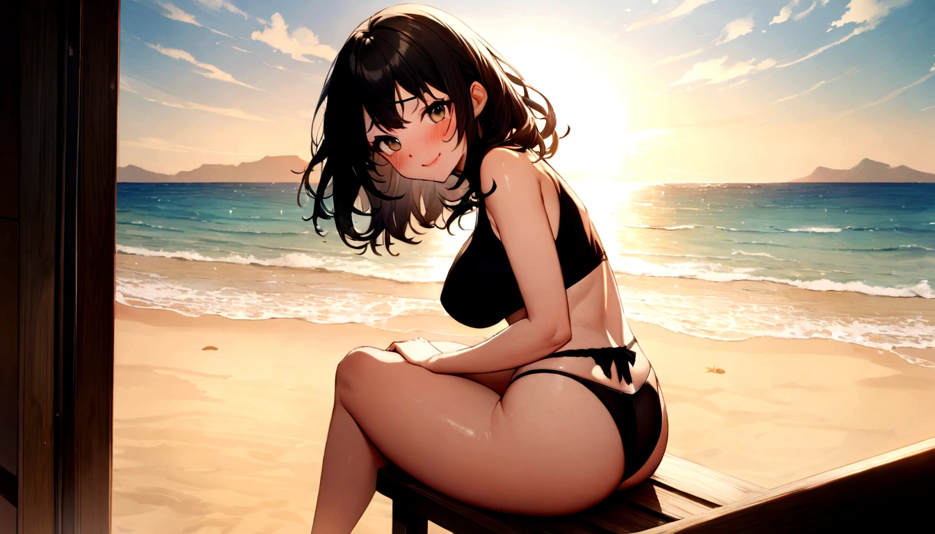 Tabletop, Highest quality, shape, Very detailed, In detail, High resolution, 8k wallpaper, Perfect dynamic composition, Beautiful attention to detail, ,Medium Hair、Natural color lips, Bold sexy pose,((One black-haired 20-year-old girl))、Small underwear、Big Breasts、Big Ass、sea where the sun shines、Beach、Sit on a bench、smile、cute、sexy shot looking at camera、Embarrassed expression