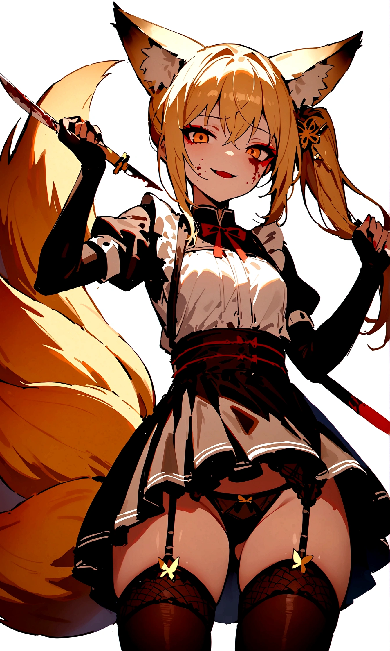 (masterpiece, best quality) junior,1girl,detailed, (beautiful,small breasts), blonde,long hair, side ponytail(tied to the left),Hairpin decoration with gold butterfly, elegant, (fox ears),nine tailed fox tail, red eyeshadow, golden eyes, femur，dark night sky,girl,yandere eyes,bloody face,피묻은 Maid복,Maid,white shirt,Black Skirt,Black stockings,Garter belt stockings,Bloody(blood on fullbody),bloody knife,ninja rope,holding weapon,evil smile