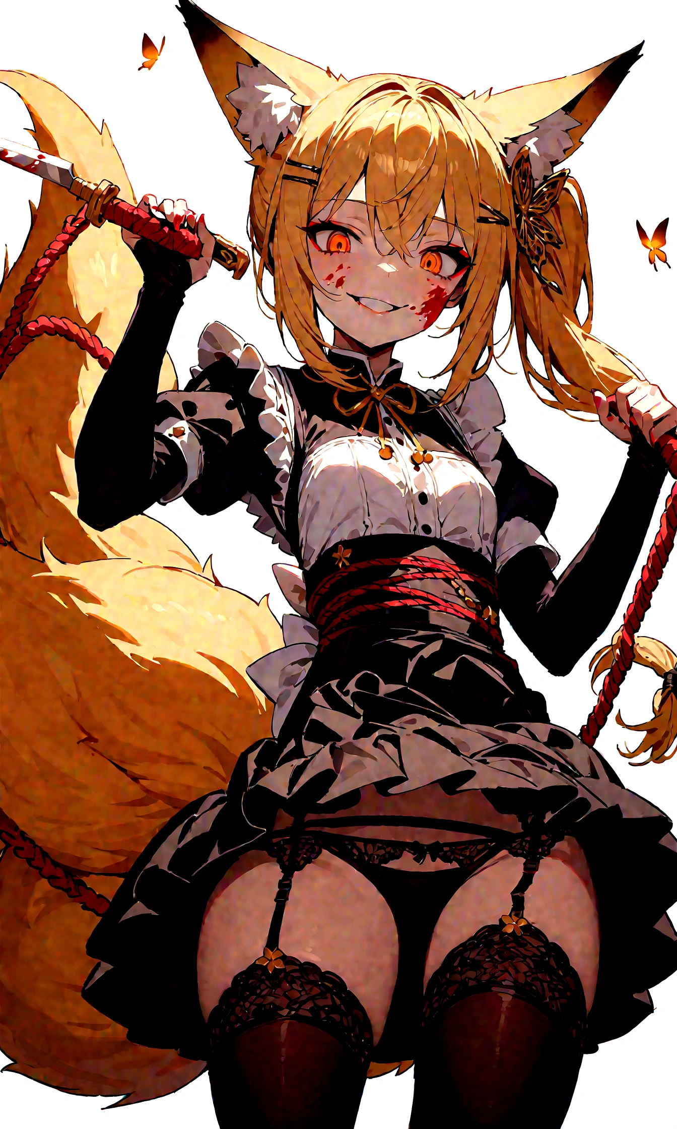 (masterpiece, best quality) junior,1girl,detailed, (beautiful,small breasts), blonde,long hair, side ponytail(tied to the left),Hairpin decoration with gold butterfly, elegant, (fox ears),nine tailed fox tail, red eyeshadow, golden eyes, femur,dark night sky,girl,yandere eyes,bloody face,피묻은 Maid복,Maid,white shirt,Black Skirt,Black stockings,Garter belt stockings,Bloody(blood on fullbody),bloody knife,ninja rope,holding weapon,evil smile