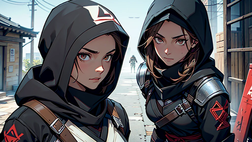 1 female, medium length brown hair with widows peak, hazel eyes, wearing all black, assassins creed shinobi with hood up, tanto